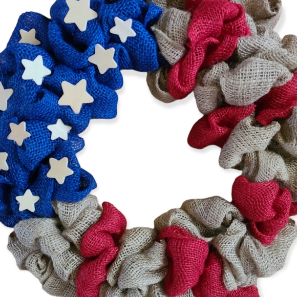 RUSTIC BURLAP AMERICAN FLAG HANDMADE WREATH USA - Picture 2 of 2